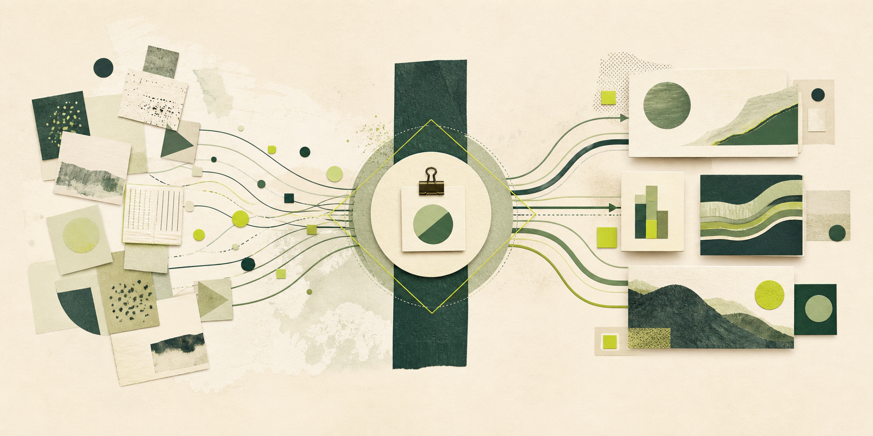 Abstract illustration of scattered inputs becoming clear AI workflows
